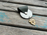 Leather and Mixed Metal Statement Necklace: Silver, Sage Green, and Antique Gold Pendant