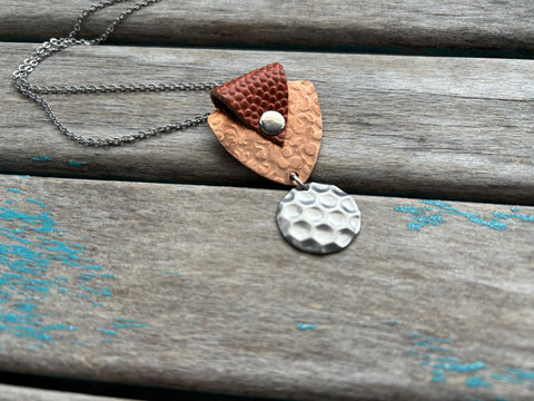 Leather and Mixed Metal Statement Necklace: Orange, Copper, and Silver