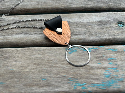 Leather and Mixed Metal Statement Necklace: Black, Copper, and Silver Pendant
