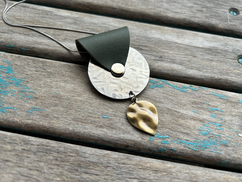 Leather and Mixed Metal Statement Necklace: Silver, Sage Green, and Antique Gold Pendant
