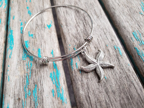 SALE- Starfish Charm Bangle Bracelet - Adjustable Bracelet