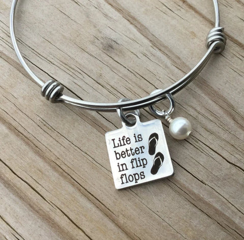 Inspirational Quote Bracelet: "Life is better in flip flops" Charm with a pearl accent bead