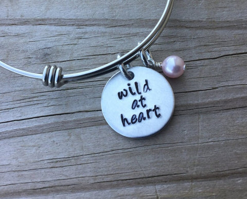 Hand-Stamped "wild at heart" Bangle Bracelet with Accent Bead of your choice