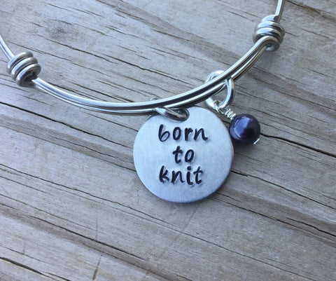 Quote Bracelet- Hand-Stamped Bracelet- "born to knit" with an accent bead of your choice