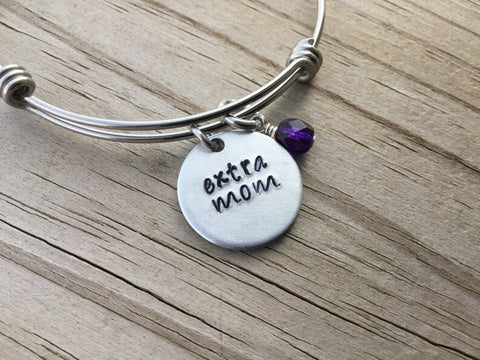 Stepmom Bracelet- Hand-Stamped Bracelet- "extra mom" with an accent bead of your choice