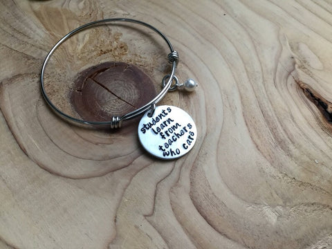 Quote Bracelet- "students learn from teachers who care" with an accent bead of your choice