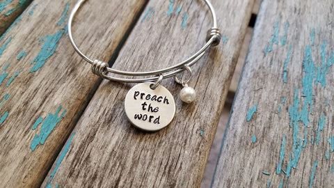 Quote Bracelet- Hand-Stamped Bracelet- "preach the word" with an accent bead of your choice