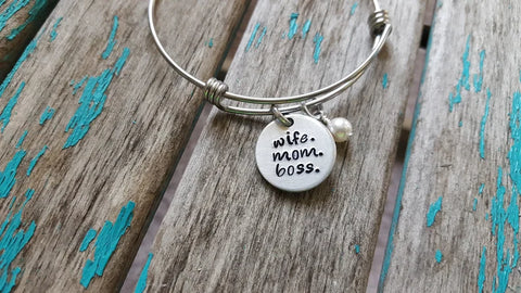 Quote Bracelet- Hand-Stamped Bracelet- "wife. mom. boss." with an accent bead of your choice