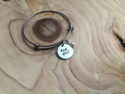 Hand-Stamped "feel good" Bangle Bracelet with Accent Bead of your choice