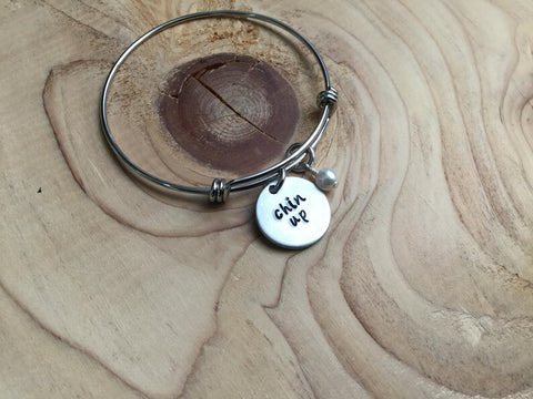 Quote Bracelet- Hand-Stamped Bracelet- "chin up" with an accent bead of your choice