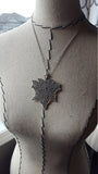 Large Antique Silver Leaf Pendant Necklace: Rustic Statement Jewelry
