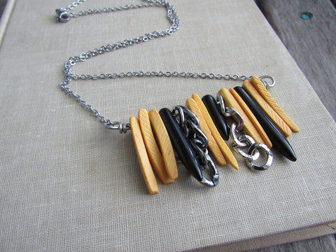 Yellow Wood Statement Necklace: Black Spikes, Industrial Chain