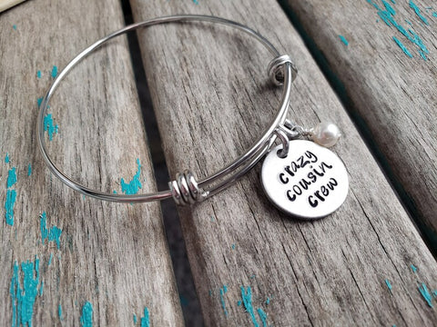 Quote Bracelet- Hand-Stamped Bracelet- "crazy cousin crew" with an accent bead of your choice