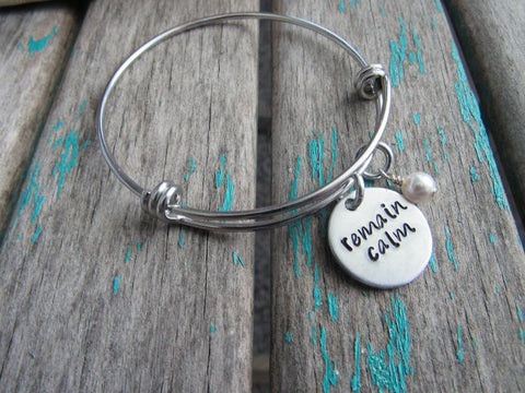 Hand-Stamped "remain calm" Bangle Bracelet with Accent Bead of your choice
