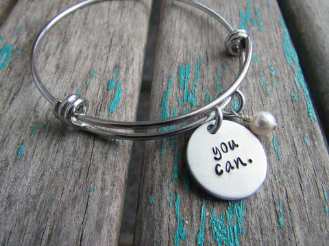 Hand-Stamped "you can." Bangle Bracelet with Accent Bead of your choice