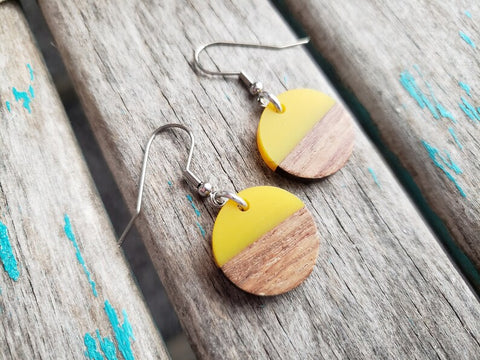 Wood and Yellow Coin-Shaped Acrylic Earrings
