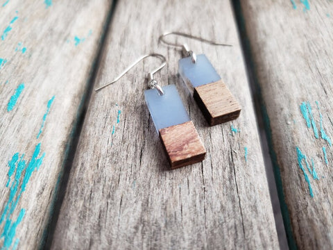 Wood and Dusty Blue Rectangle-Shaped Acrylic Earrings