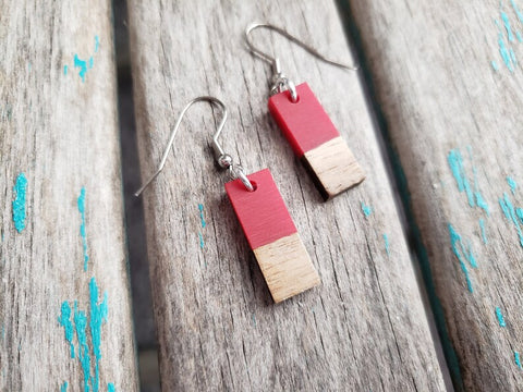 Wood and Red Rectangle-Shaped Acrylic Earrings