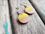 Wood and Yellow Coin-Shaped Acrylic Earrings