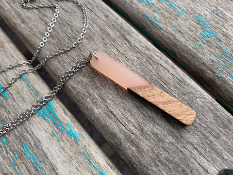 Long Wood and Pale Pink Pendant Necklace on your choice of chain