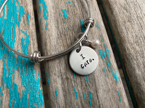 Quote Bracelet- Hand-Stamped Bracelet- "I care." with an accent bead of your choice