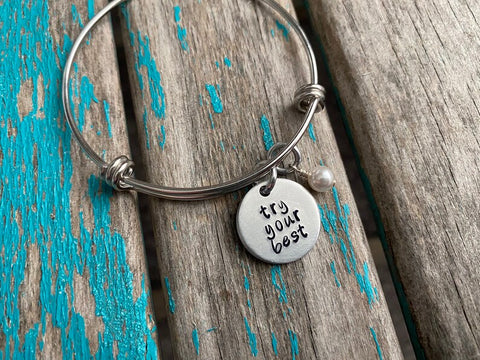 Quote Bracelet- Hand-Stamped Bracelet- "try your best" with an accent bead of your choice