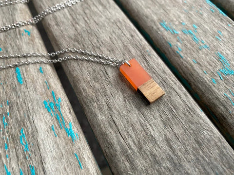 Rectangle Wood and Orange Pendant Necklace
