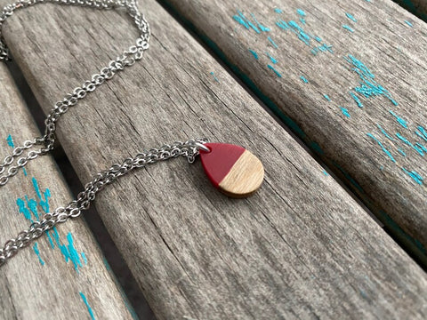 Teardrop Wood and Red Pendant Necklace