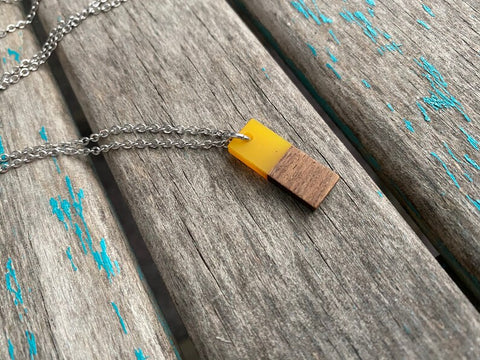 Rectangle Wood and Yellow Pendant Necklace