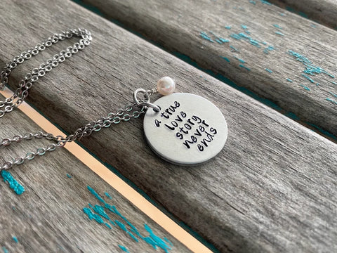 True Love Story Never Ends Inspiration Necklace- "a true love story never ends"  - Hand-Stamped Necklace with an accent bead in your choice of colors