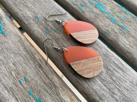 Teardrop Wood and Orange Acrylic Earrings