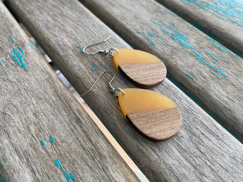 Teardrop Wood and Yellow Acrylic Earrings