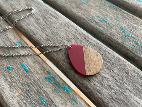 Wood and Red Teardrop Pendant Necklace