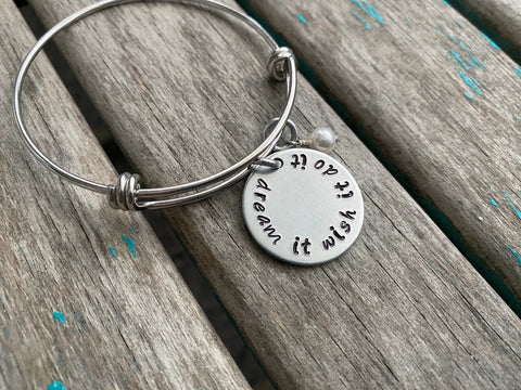 Dream It Wish It Do ItInspiration Bracelet- "dream it wish it do it" - Hand-Stamped Bracelet- Adjustable Bangle Bracelet with an accent bead of your choice