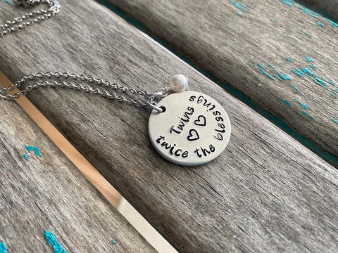 Mother of Twins Necklace, Gift for Expectant Mother, New Mother, "Twins- twice the blessings"   - Hand-Stamped Necklace with an accent bead of your choice