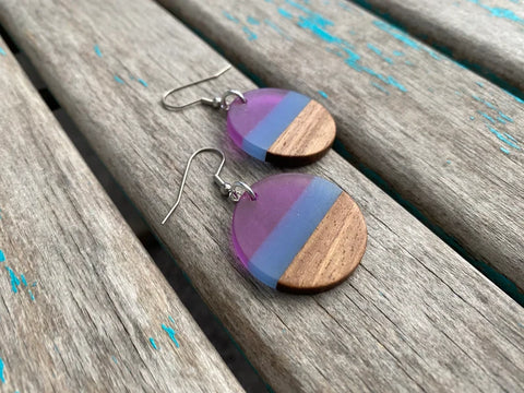 Wood, Purple, and Blue Acrylic Earring