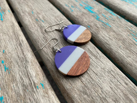 Wood, Blue/Purple, and Grey Acrylic Earrings
