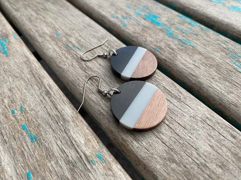 Wood, Black, and Grey Acrylic Earrings
