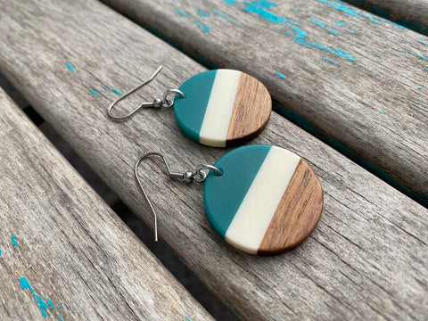 Wood, Cream, and Green Acrylic Earrings