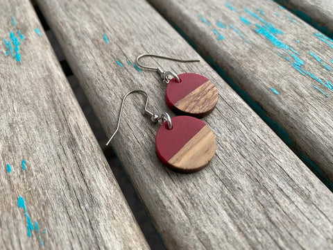 Wood and Red Coin-Shaped Acrylic Earrings