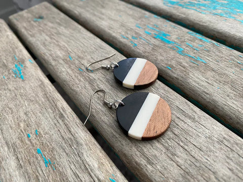 Wood, Black, and White Acrylic Earrings