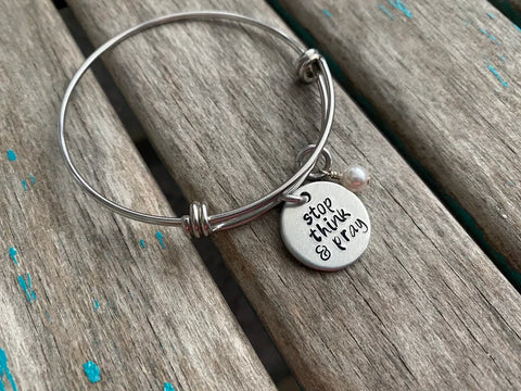 Hand-Stamped "stop think & pray" Bangle Bracelet with Accent Bead of your choice