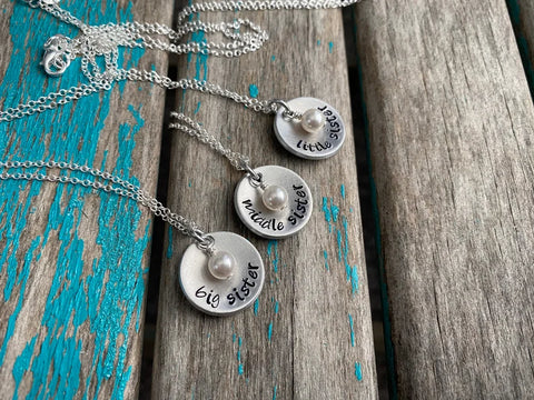 Three Sisters Necklace Set- 3 Necklace Set- "big sister", "middle sister", "little sister" domed pendants- Hand-Stamped Necklaces  -with an accent bead of your choice