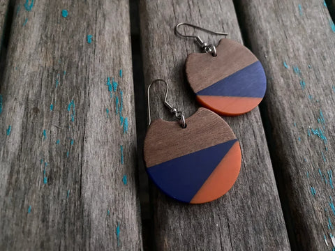 Wood, Deep Blue, and Orange Acrylic Earrings