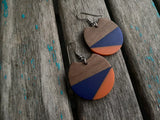 Wood, Deep Blue, and Orange Acrylic Earrings