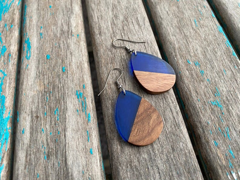Teardrop Wood and Blue Acrylic Earrings