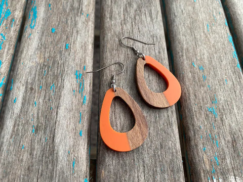 Wood and Orange Acrylic Earrings