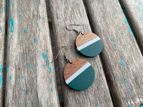 Wood, Green, and Grey Acrylic Earrings
