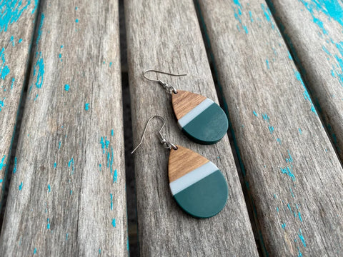 Wood, Green, and Grey Acrylic Earrings- Teardrop-Shaped