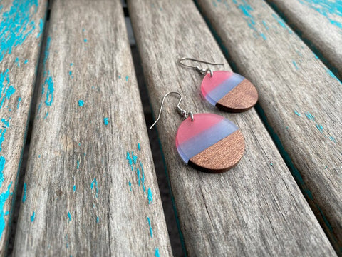 Wood, Pink, and Blue/Purple Acrylic Earrings